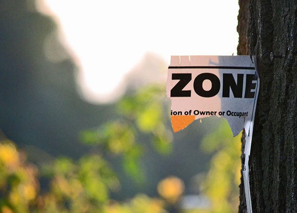 Piece of paper stapled to a tree that says Zone