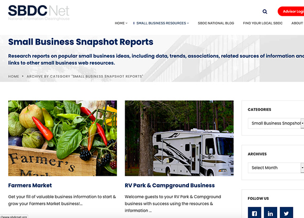 Screenshot of the Small Business Snapshot Reports website