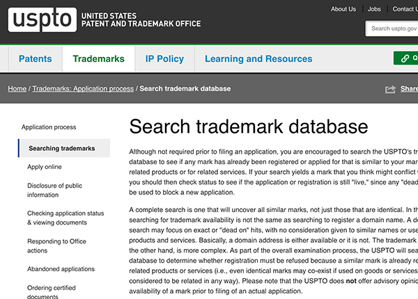 Screenshot of the Search trademark database webpage