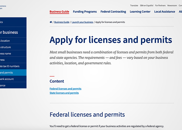 Screenshot of State Licenses and Permits webpage