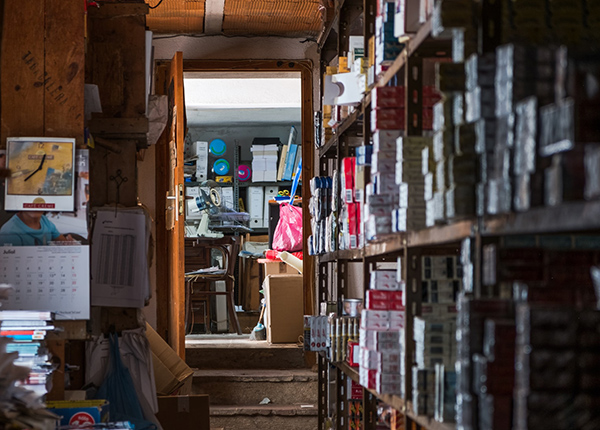 Storage room with shelves of inventory