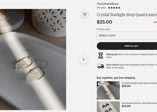 Screenshot of Etsy page with $25 quartz earrings