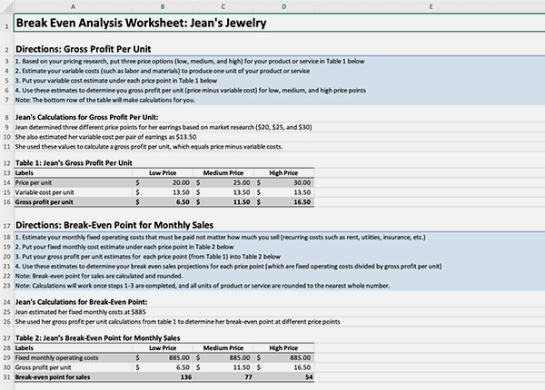 Screenshot of Jean's Jewelry Break-Even Analysis Worksheet