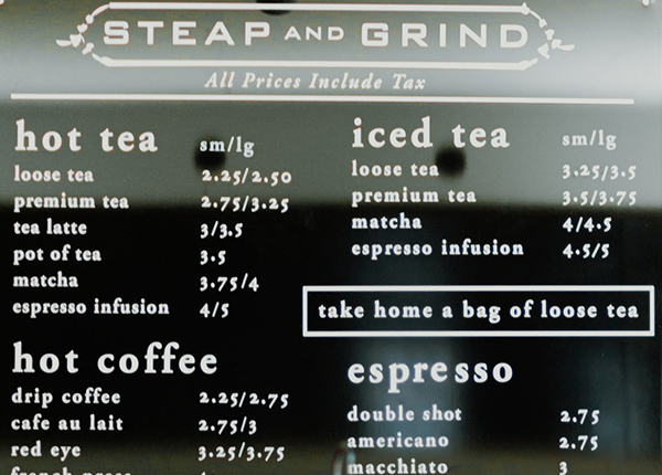 Coffee shop menu with prices listed