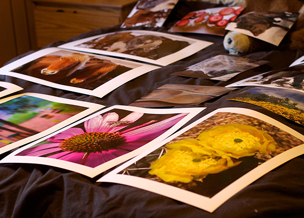Printed photographs on a tabletop