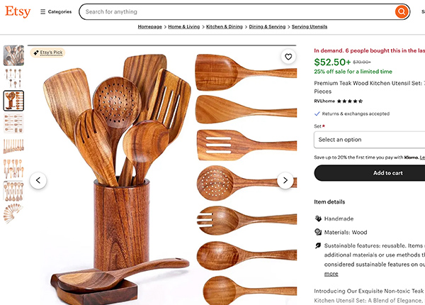 Screenshot of wooden spoons for sale on Etsy