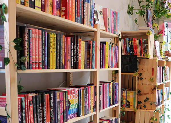 Colorful books on a book shelf