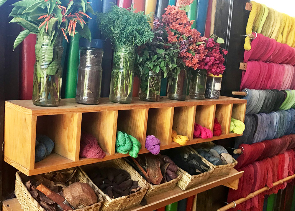 Colorful yarns displayed in a store