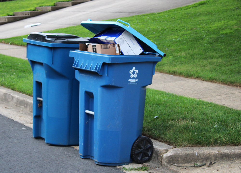 Two garbage bins on the edge of a street