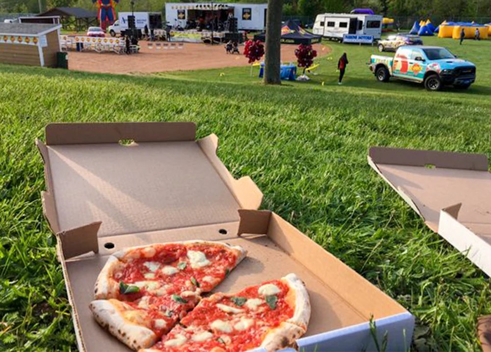 Pizza in a box on a grassy hill