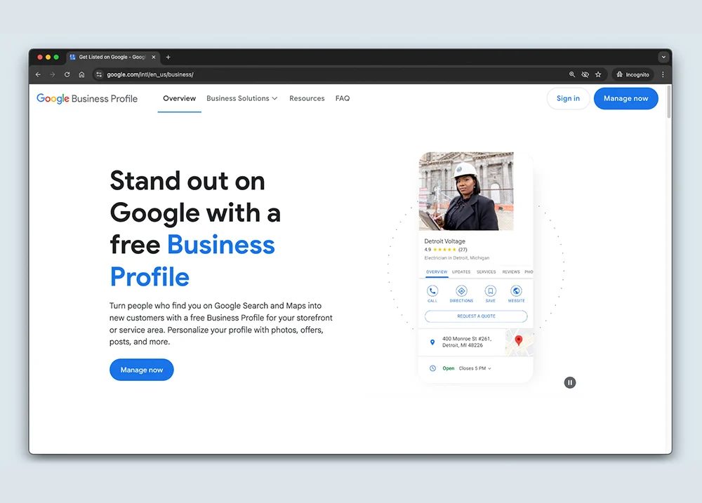 Screenshot of the Google Business Profile home page