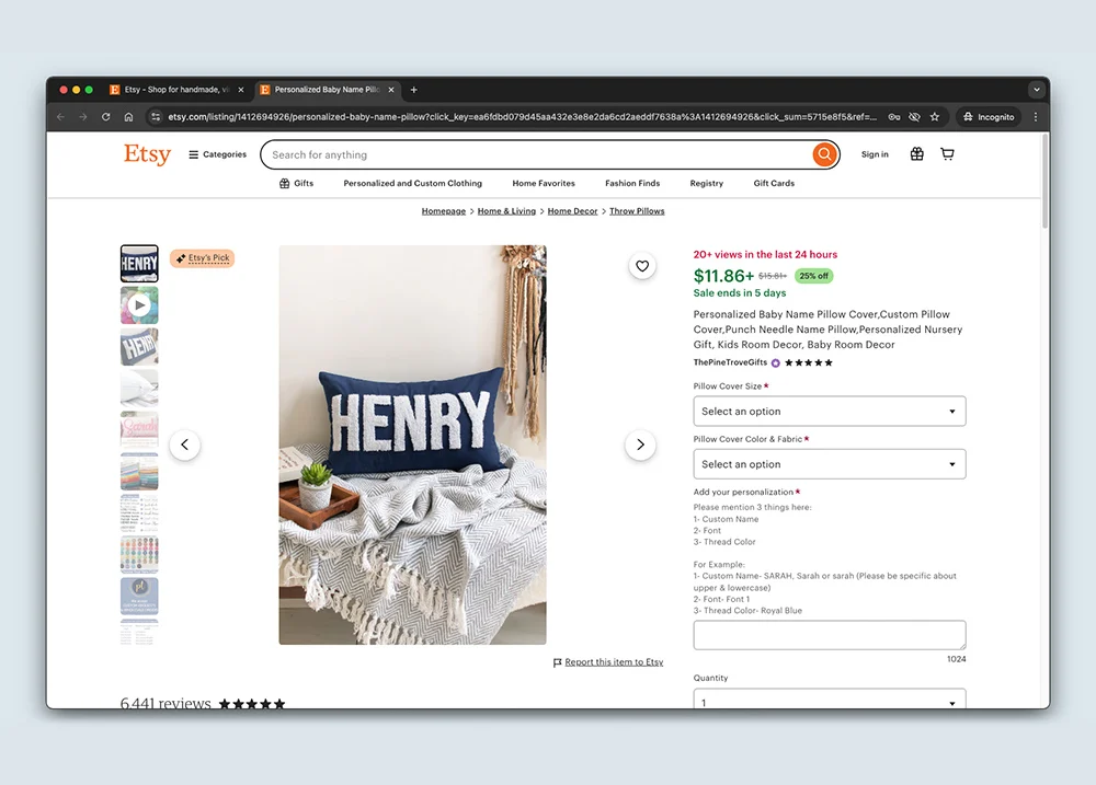 Screenshot of a pillow for sale on Etsy