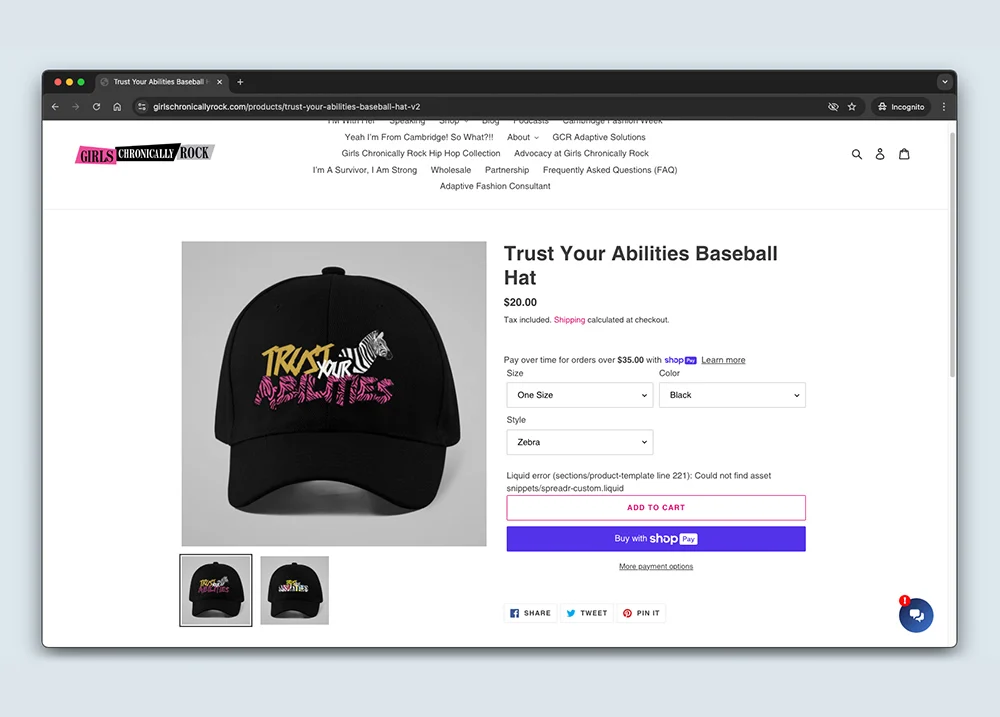 Screenshot of a hat for sale on the Girls Chronically Rock website