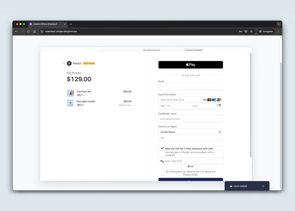 Screenshot of purchasing a product using the Stripe sales platform