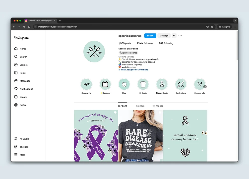Screenshot of the Spoonie Sister Shop's Instagram profile