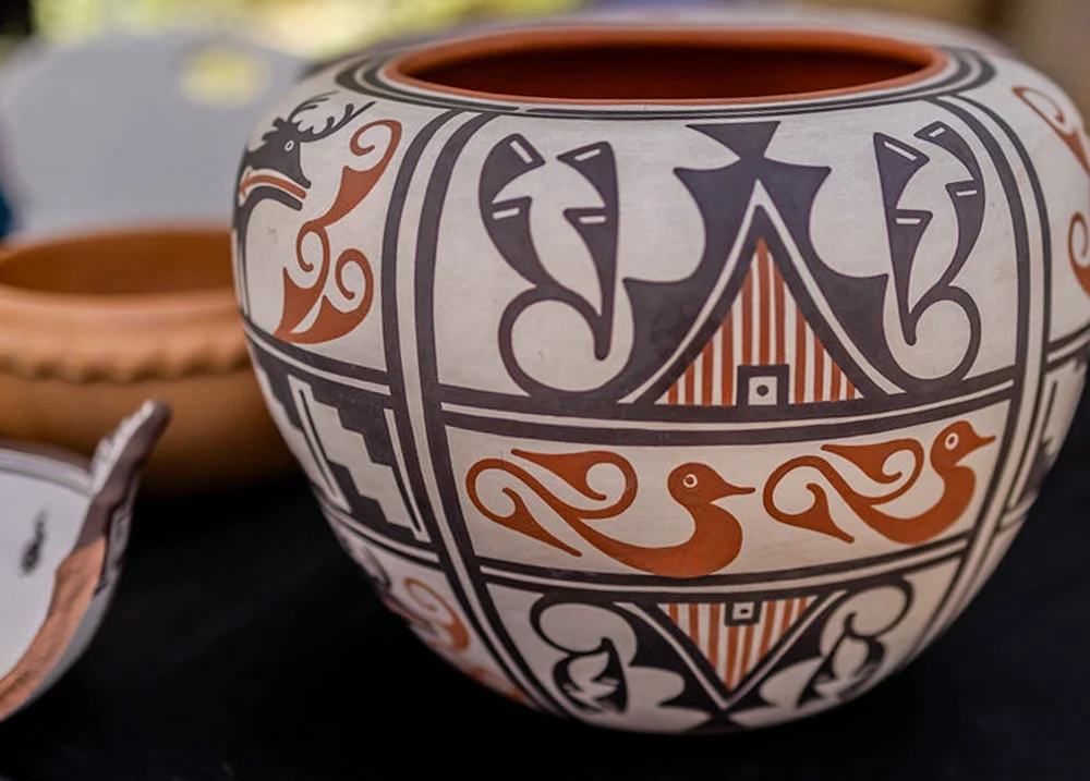 Intricately decorated Navajo pottery