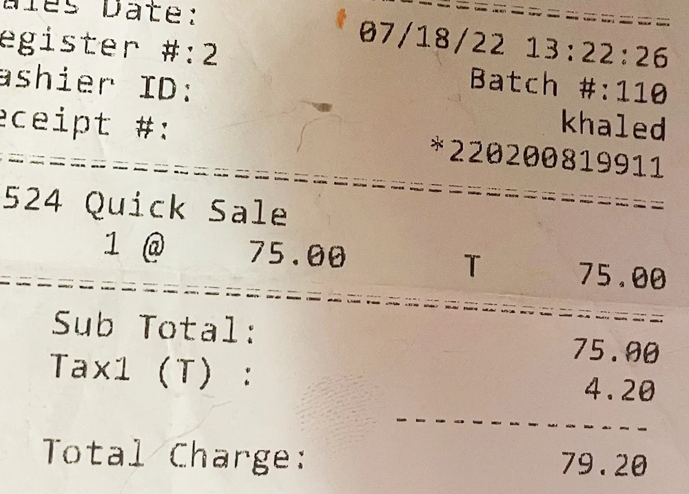 Receipt showing sales tax