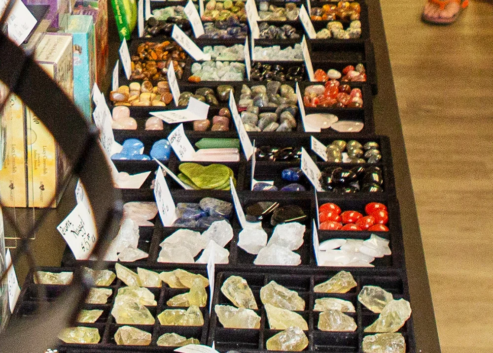 Polished rocks and crystals for sale in a shop