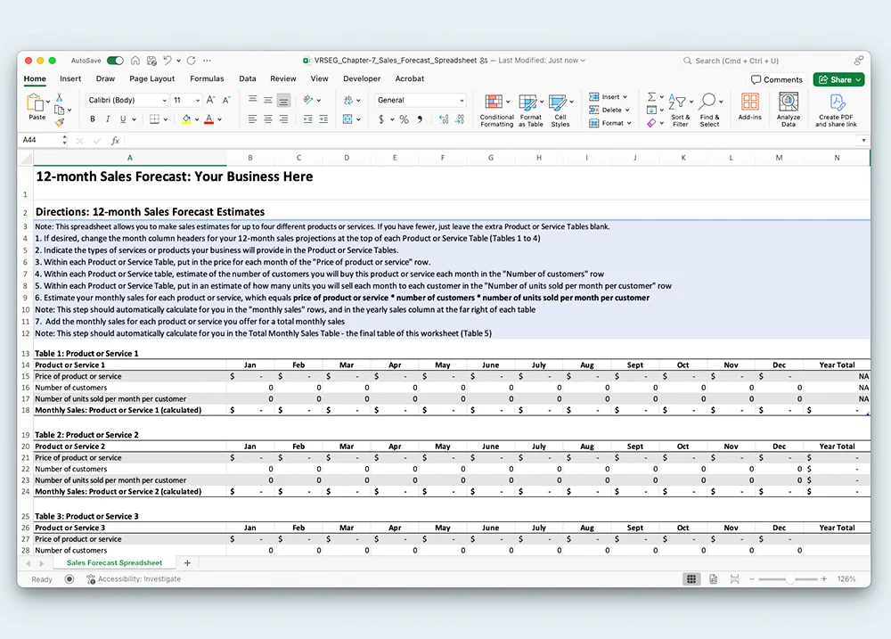 Screenshot of the Sales Forecast Worksheet