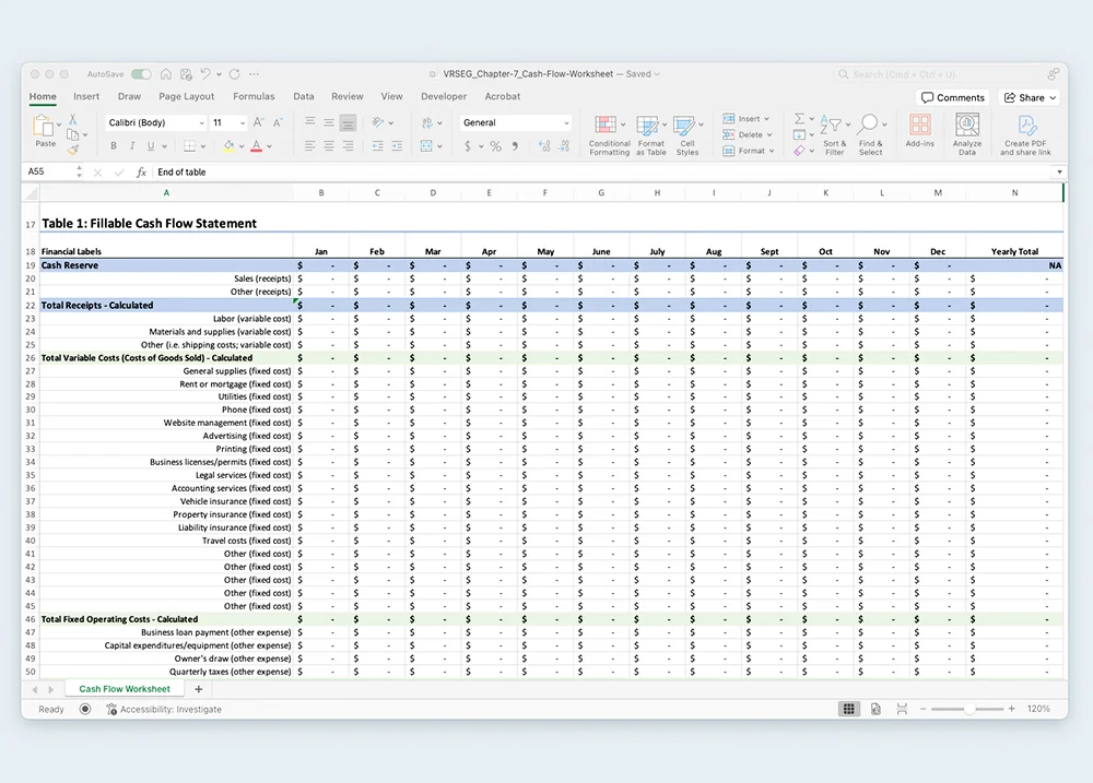 Screenshot of the Cash Flow Worksheet