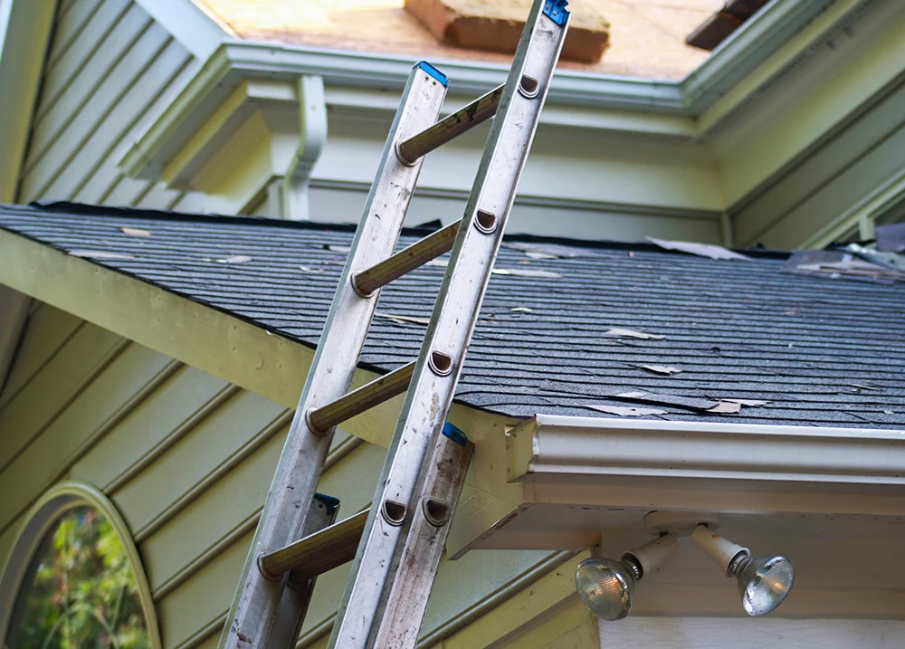 A ladder leaning against the roof of a home