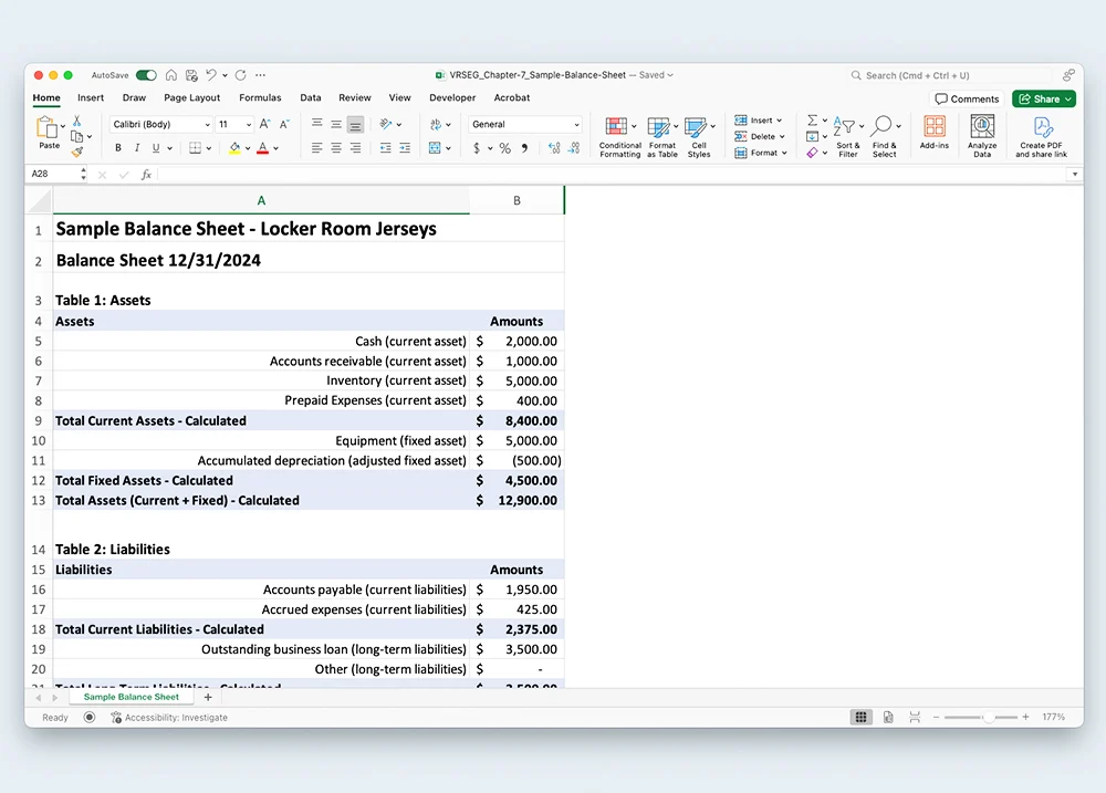 Screenshot of the Balance Sheet spreadsheet