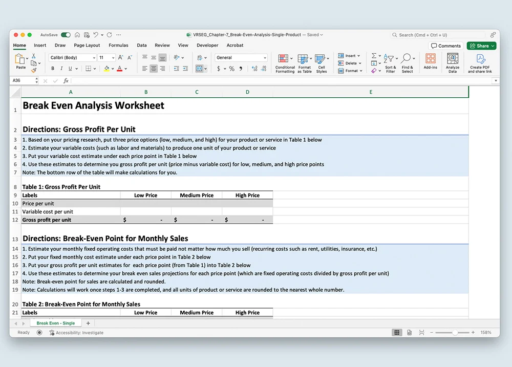 Screenshot of the Break Even Analysis Worksheet